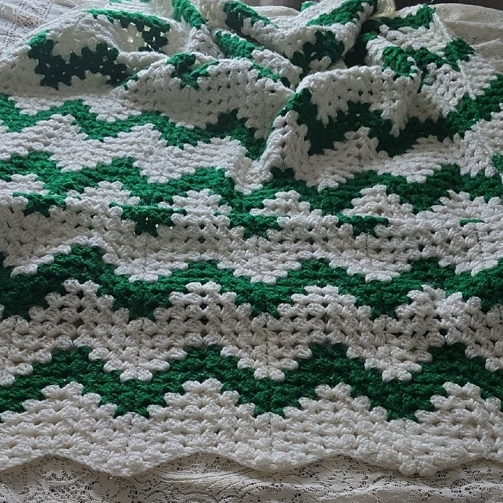Green and White Crochet Blanket